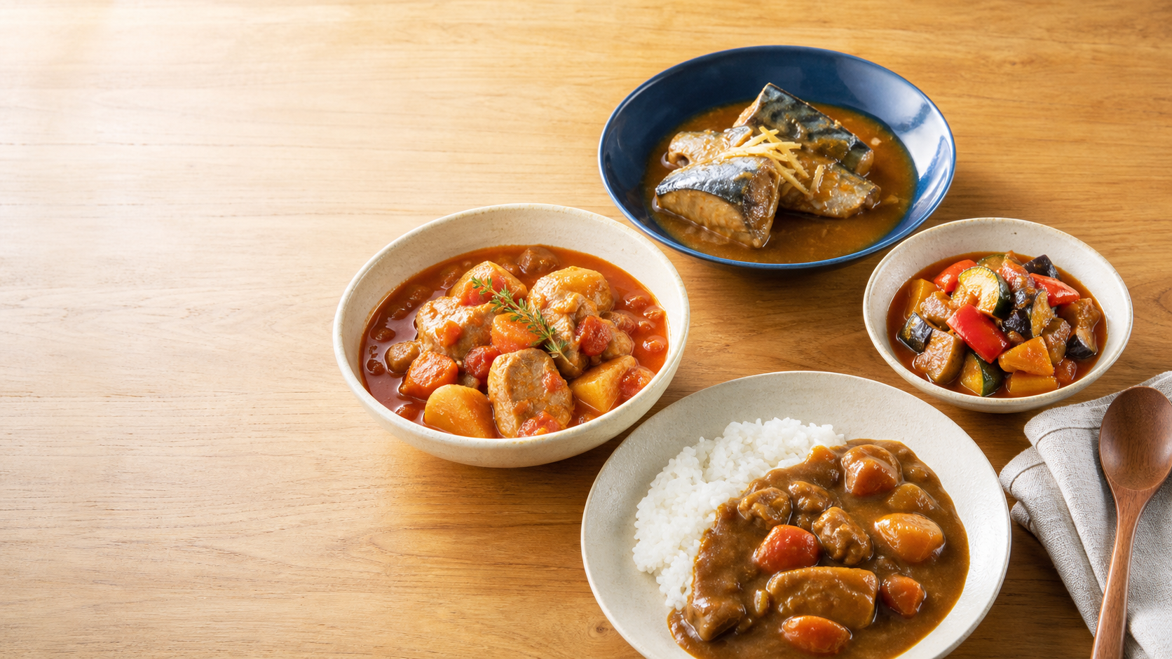 鶏のトマト煮、さばのみそ煮、ラタトゥイユ、カレーの完成イメージ